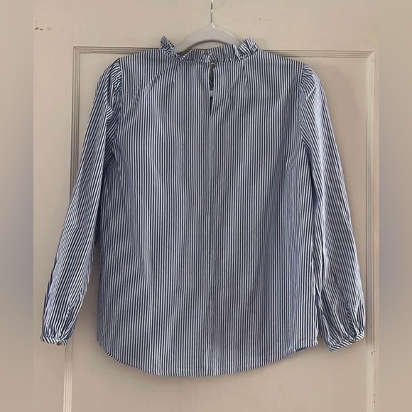 JCrew Blue And White Stripe Ruffle Neck Blouse. Ladies size small. - Picture 2 of 3